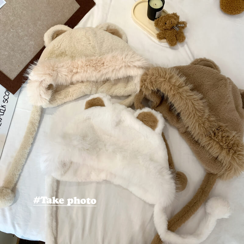 OOTDAY Cute Bear Ear Plush Hat – Warm Casual Winter Cap for Girls