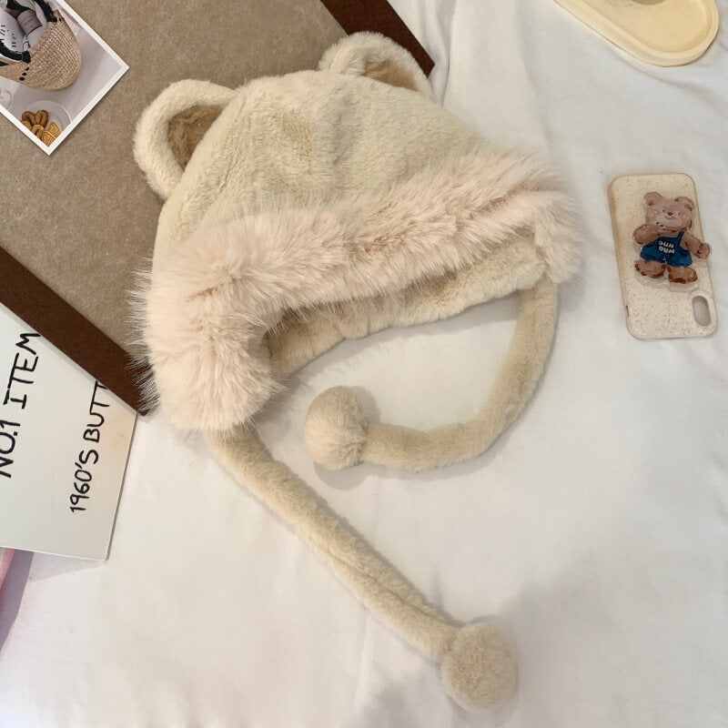 OOTDAY Cute Bear Ear Plush Hat – Warm Casual Winter Cap for Girls