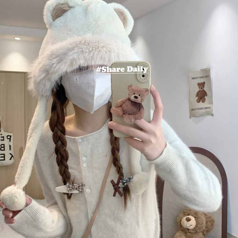 OOTDAY Cute Bear Ear Plush Hat – Warm Casual Winter Cap for Girls