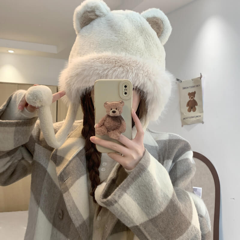 OOTDAY Cute Bear Ear Plush Hat – Warm Casual Winter Cap for Girls