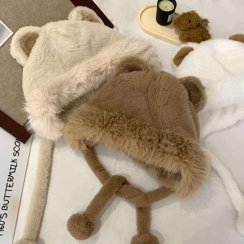 OOTDAY Cute Bear Ear Plush Hat – Warm Casual Winter Cap for Girls