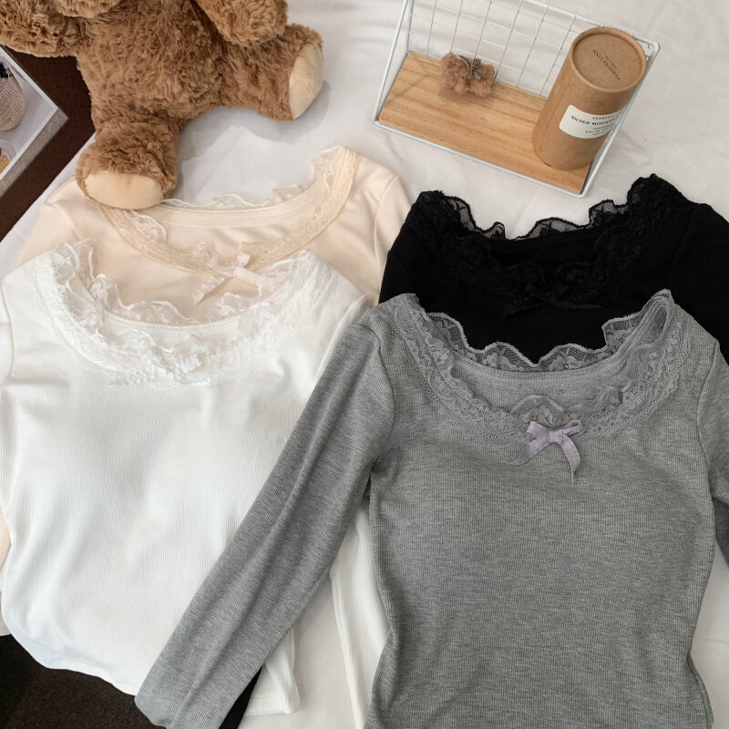OOTDAY Slim Fit Lace Padded Long Sleeve Tee – Spring Fleece Undershirt