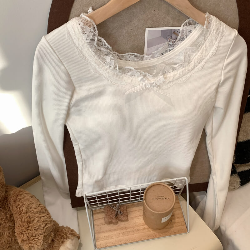 OOTDAY Slim Fit Lace Padded Long Sleeve Tee – Spring Fleece Undershirt