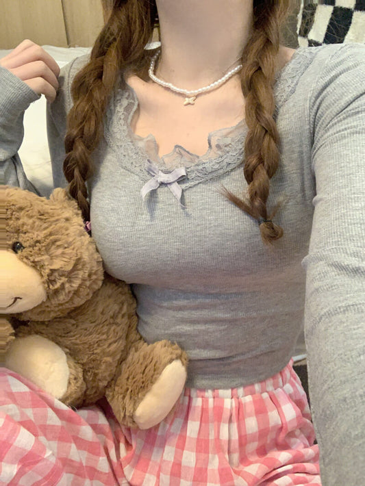 OOTDAY Slim Fit Lace Padded Long Sleeve Tee – Spring Fleece Undershirt