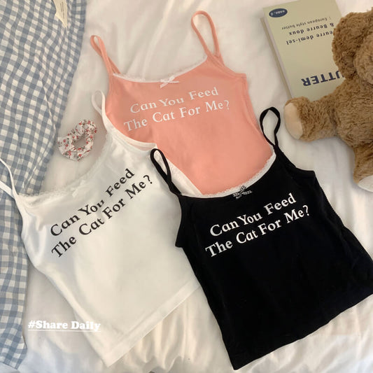 OOTDAY Letter Print Slim Fit Lace Camisole – Summer Y2K Tank Top