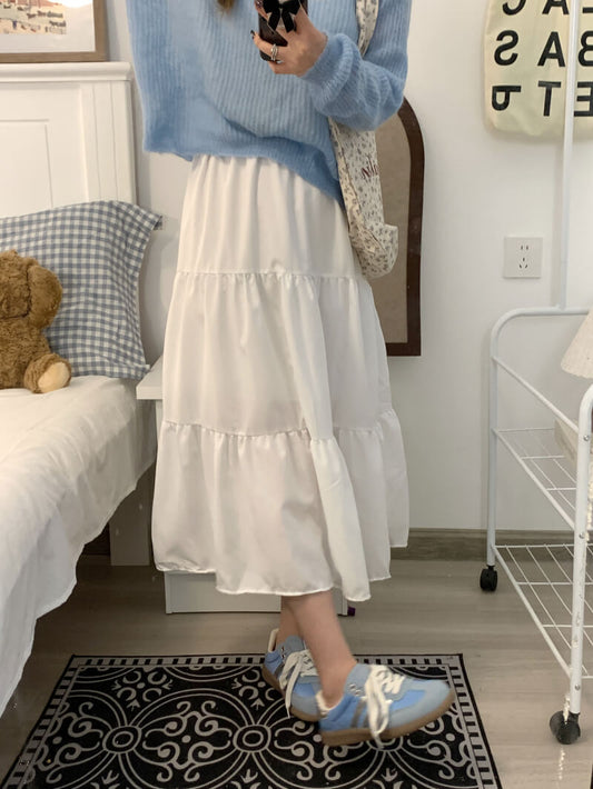 OOTDAY Sweet Preppy A-Line Skirt for Women – Mid-Length Gathered Summer Skirt in Black and Cream White