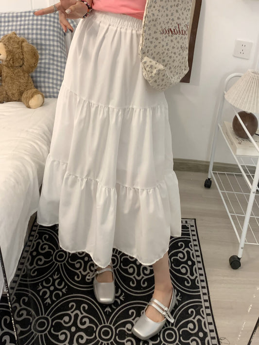 OOTDAY Sweet Preppy A-Line Skirt for Women – Mid-Length Gathered Summer Skirt in Black and Cream White