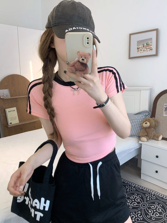 OOTDAY Slim Fit Cotton Cropped Tee for Women – Summer Graphic T-Shirt in Black, White, and Pink