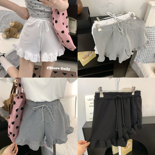 ruffle edge modal waffle shorts for women, sweet mid-waist lounge shorts