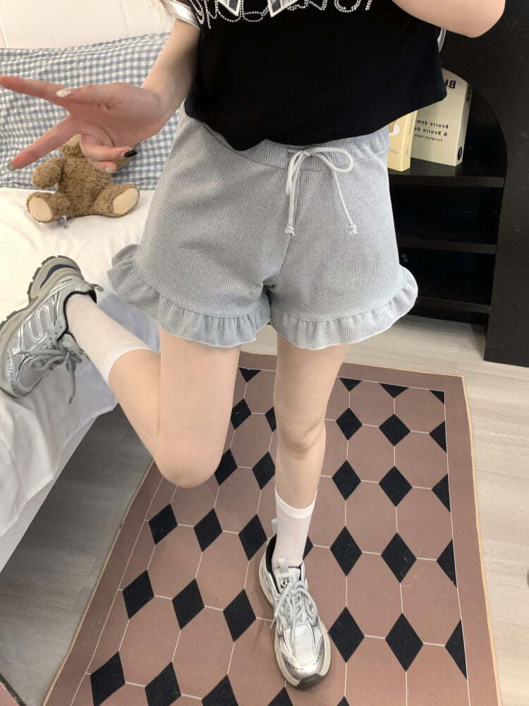 ruffle edge modal waffle shorts for women, sweet mid-waist lounge shorts