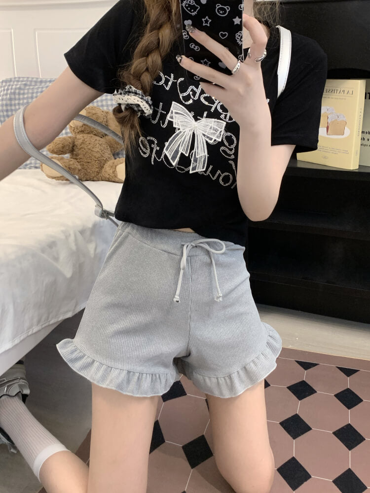 ruffle edge modal waffle shorts for women, sweet mid-waist lounge shorts