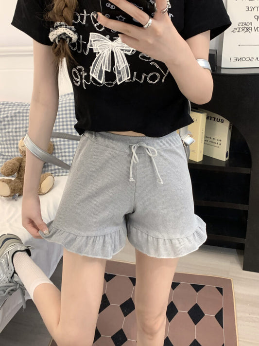 ruffle edge modal waffle shorts for women, sweet mid-waist lounge shorts