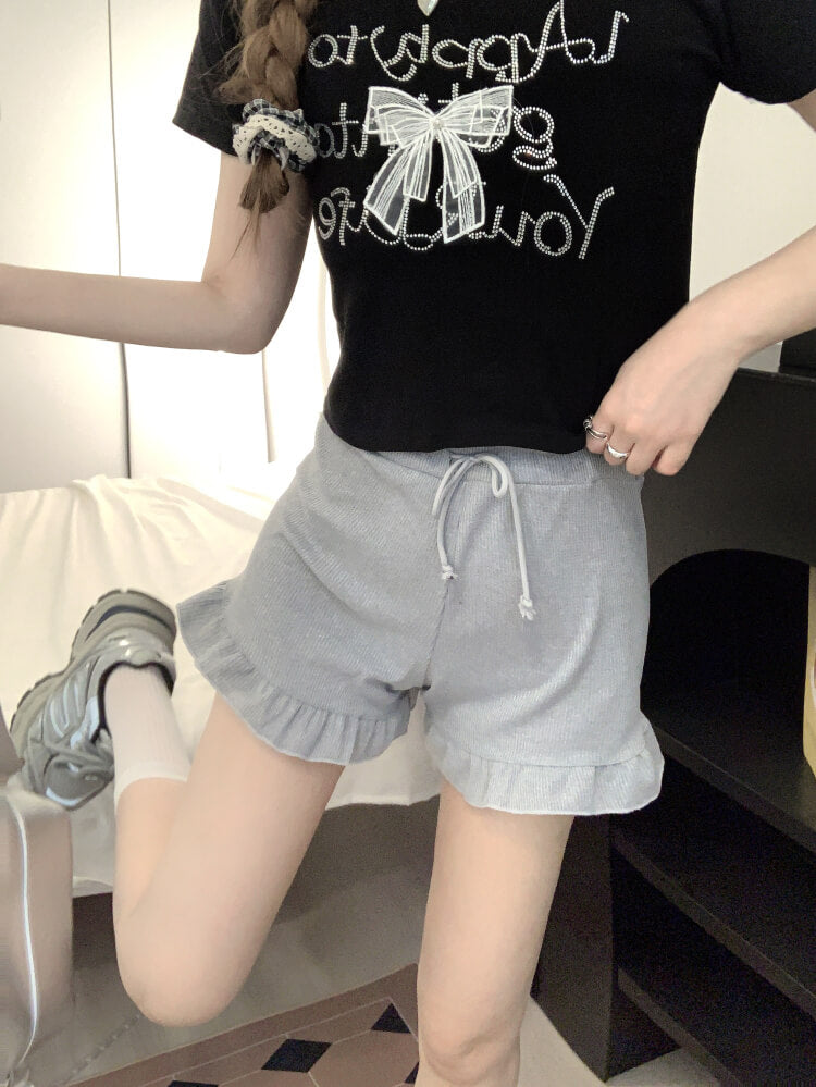 ruffle edge modal waffle shorts for women, sweet mid-waist lounge shorts