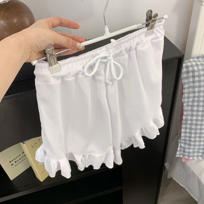 ruffle edge modal waffle shorts for women, sweet mid-waist lounge shorts