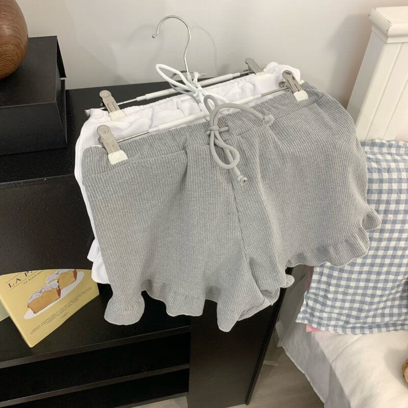ruffle edge modal waffle shorts for women, sweet mid-waist lounge shorts