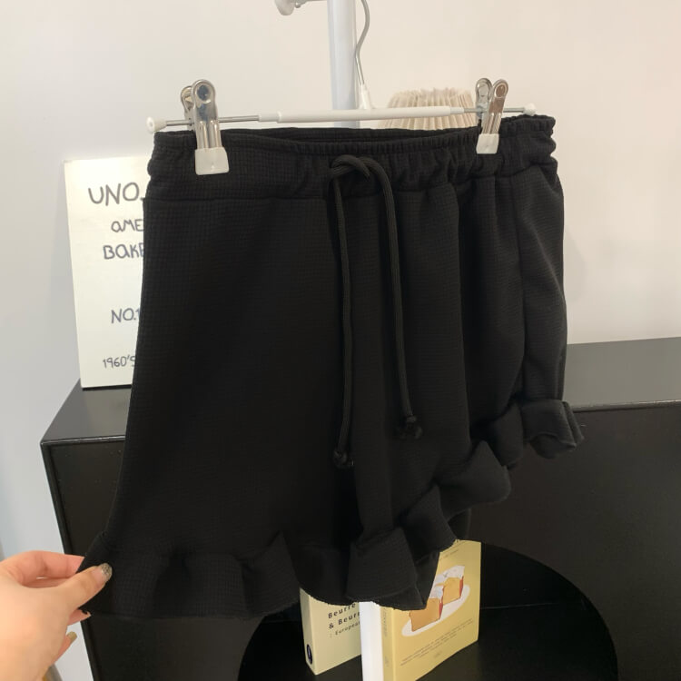 ruffle edge modal waffle shorts for women, sweet mid-waist lounge shorts