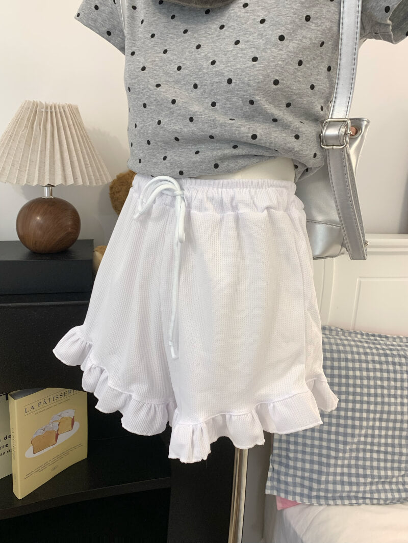ruffle edge modal waffle shorts for women, sweet mid-waist lounge shorts