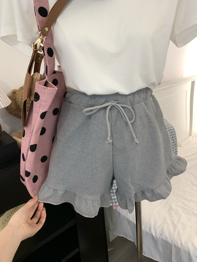 ruffle edge modal waffle shorts for women, sweet mid-waist lounge shorts