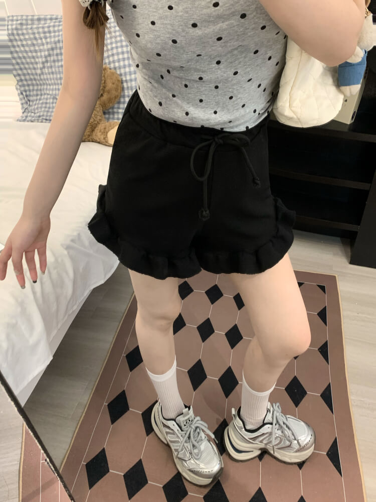 ruffle edge modal waffle shorts for women, sweet mid-waist lounge shorts