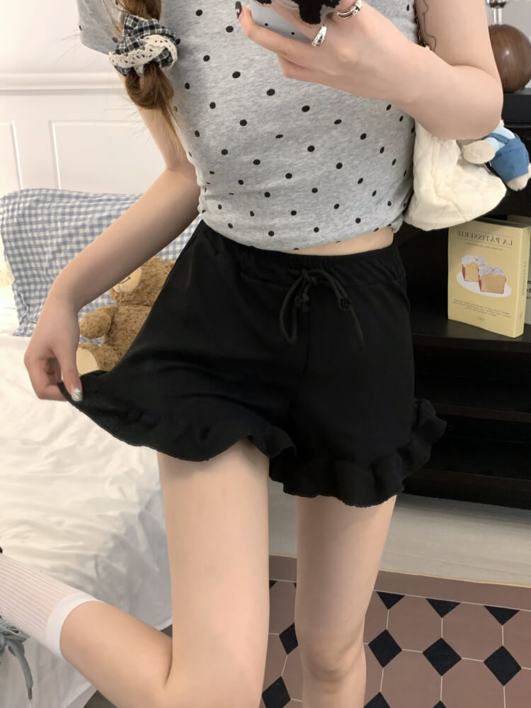 ruffle edge modal waffle shorts for women, sweet mid-waist lounge shorts