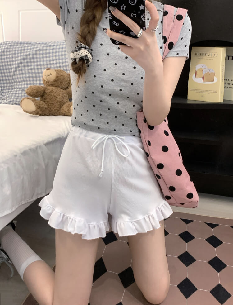 ruffle edge modal waffle shorts for women, sweet mid-waist lounge shorts