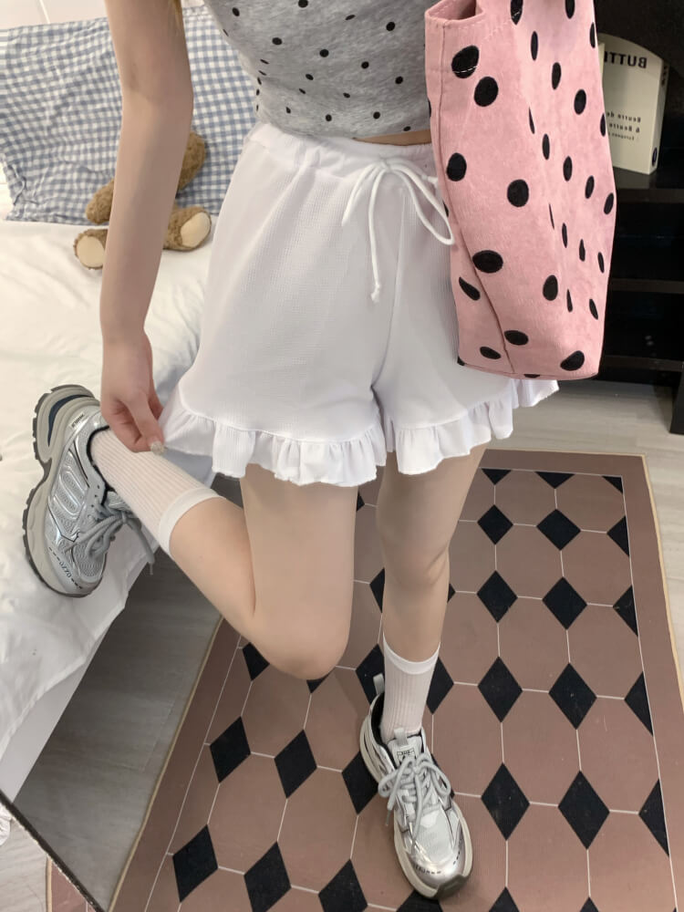 ruffle edge modal waffle shorts for women, sweet mid-waist lounge shorts