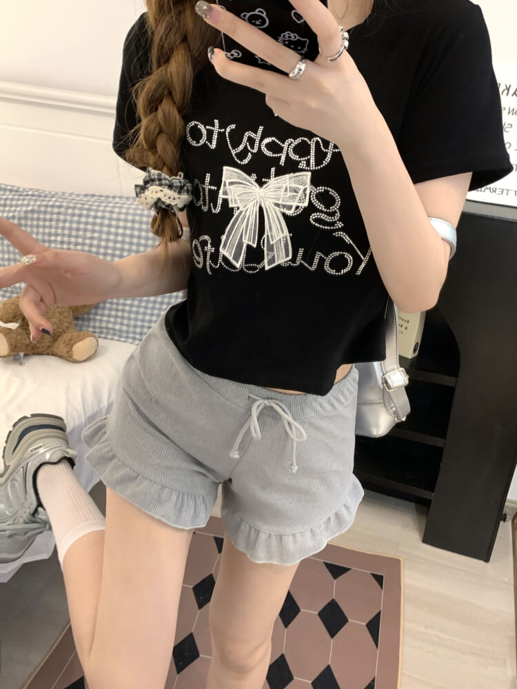 ruffle edge modal waffle shorts for women, sweet mid-waist lounge shorts