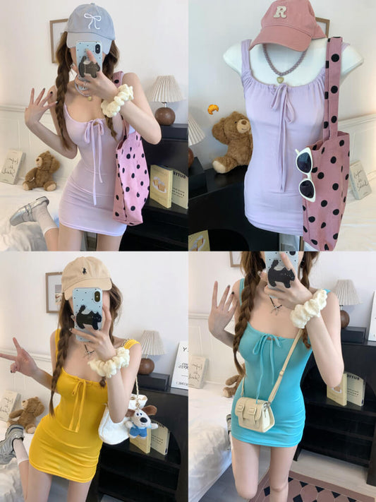 OOTDAY Slim Knit Camisole Dress in Yellow, Purple, and Blue – Sweet Sexy Mini Dress for Summer