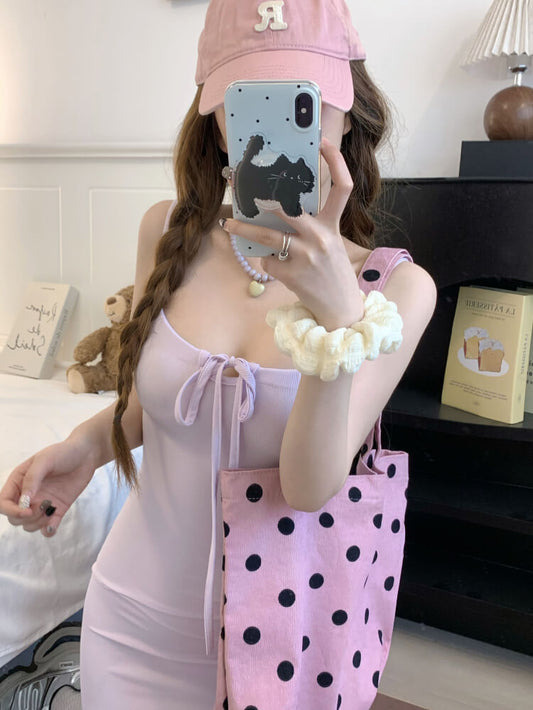 OOTDAY Slim Knit Camisole Dress in Yellow, Purple, and Blue – Sweet Sexy Mini Dress for Summer