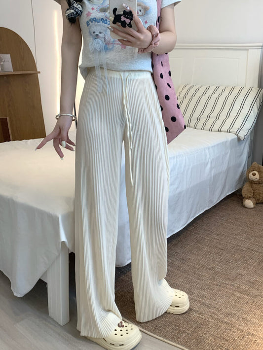 OOTDAY chiffon wide-leg pants, shiny pleated ice silk trousers, spring summer flowy pants, lightweight high-waisted pants for women, mist blue khaki lounge pants