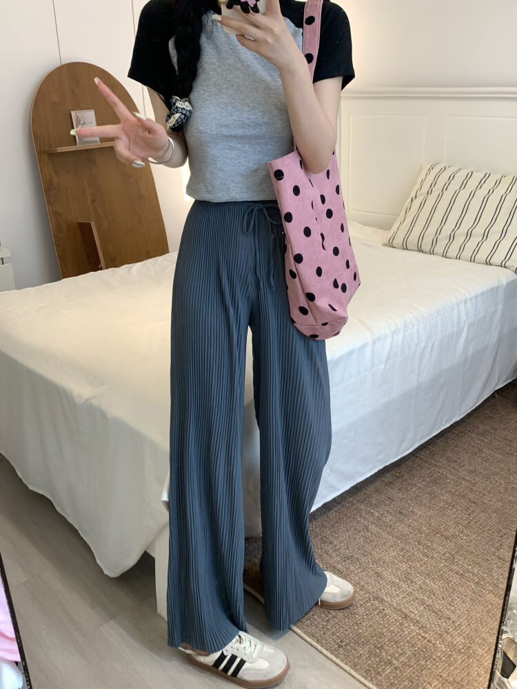 OOTDAY chiffon wide-leg pants, shiny pleated ice silk trousers, spring summer flowy pants, lightweight high-waisted pants for women, mist blue khaki lounge pants