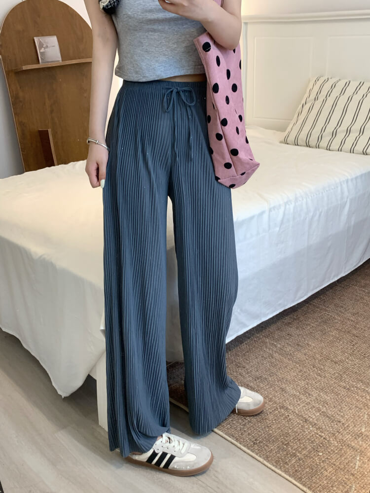 OOTDAY chiffon wide-leg pants, shiny pleated ice silk trousers, spring summer flowy pants, lightweight high-waisted pants for women, mist blue khaki lounge pants