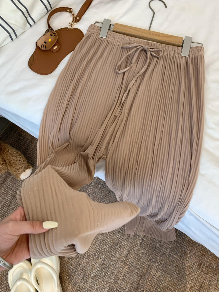 OOTDAY chiffon wide-leg pants, shiny pleated ice silk trousers, spring summer flowy pants, lightweight high-waisted pants for women, mist blue khaki lounge pants