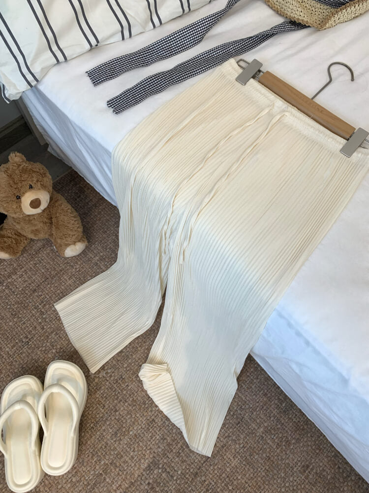 OOTDAY chiffon wide-leg pants, shiny pleated ice silk trousers, spring summer flowy pants, lightweight high-waisted pants for women, mist blue khaki lounge pants