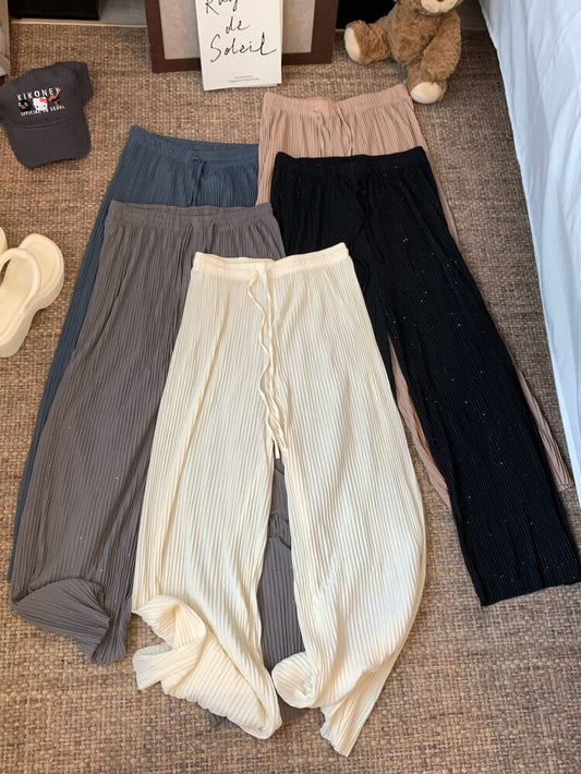 OOTDAY chiffon wide-leg pants, shiny pleated ice silk trousers, spring summer flowy pants, lightweight high-waisted pants for women, mist blue khaki lounge pants