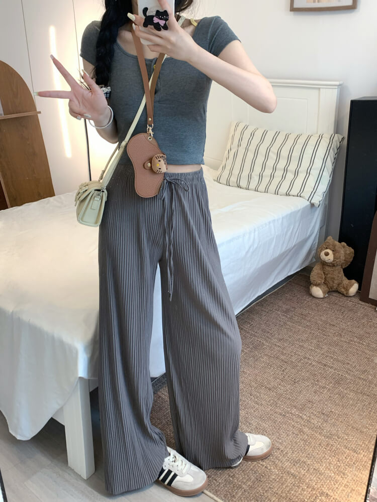 OOTDAY chiffon wide-leg pants, shiny pleated ice silk trousers, spring summer flowy pants, lightweight high-waisted pants for women, mist blue khaki lounge pants