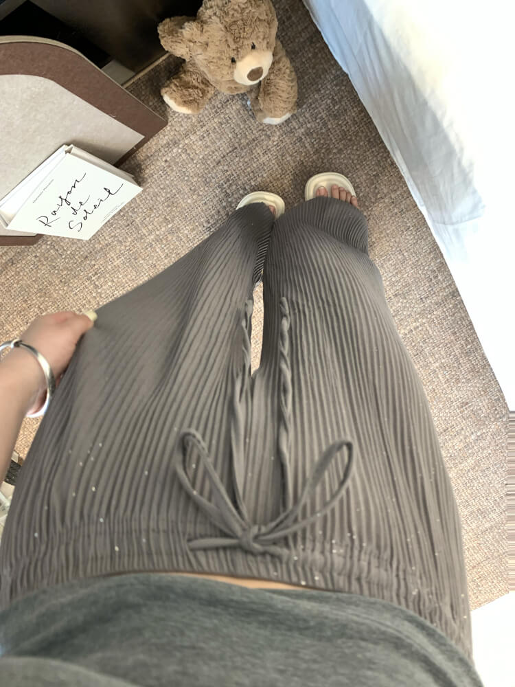 OOTDAY chiffon wide-leg pants, shiny pleated ice silk trousers, spring summer flowy pants, lightweight high-waisted pants for women, mist blue khaki lounge pants