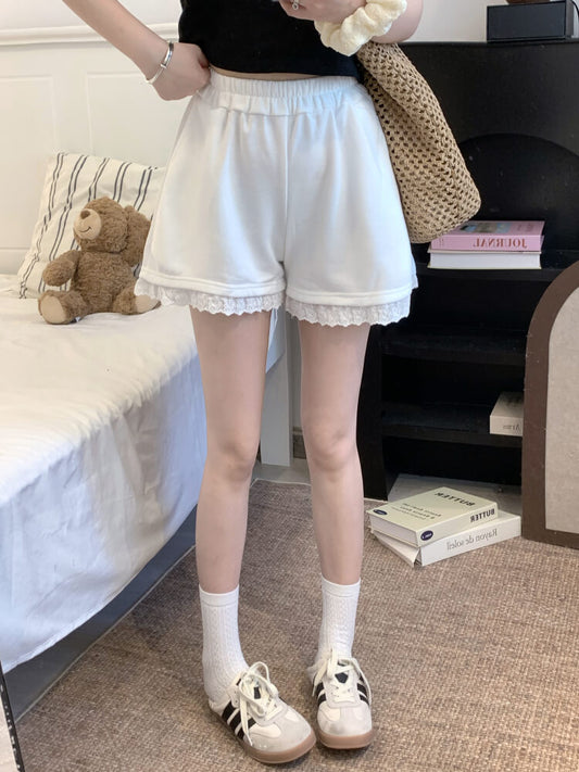 OOTDAY lace trim shorts, high waist summer hot pants, wide-leg sporty lounge shorts, black white grey cute shorts, preppy girl shorts 2025
