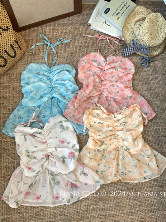 OOTDAY floral halter camisole, summer tie-back crop top, sweet girl knit tank, pink blue yellow camisole 2025, trendy slim-fit knit tops