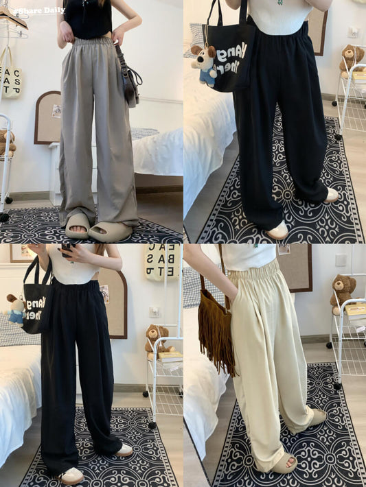 OOTDAY ice silk wide-leg pants, Japanese summer trousers for women, minimalist crinkle pants, high waist loose pants, pastel wide leg trousers 2025