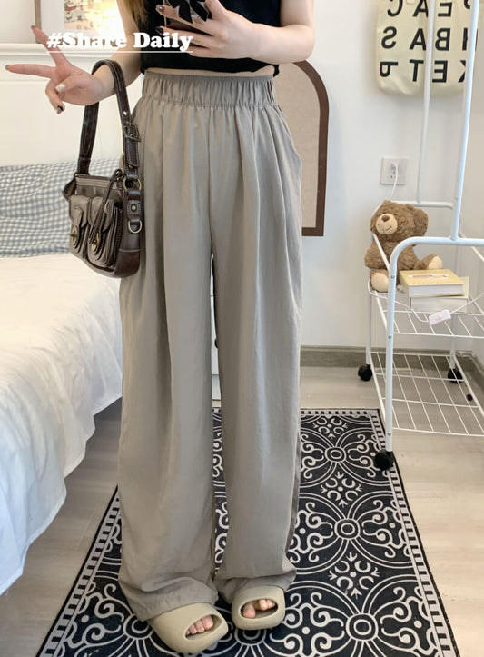 OOTDAY ice silk wide-leg pants, Japanese summer trousers for women, minimalist crinkle pants, high waist loose pants, pastel wide leg trousers 2025