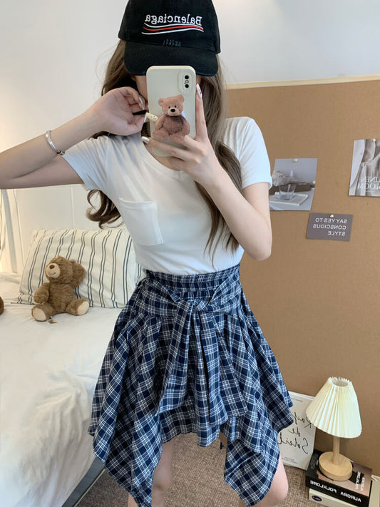 OOTDAY plaid mini skirt, Korean summer skirt 2025, shirt tie wrap skirt, irregular hem plaid skirt, cute preppy skirt for girls