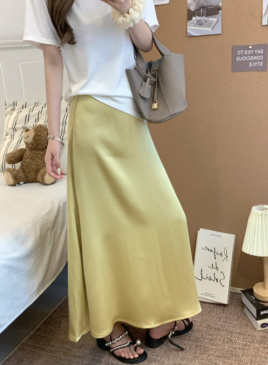 satin fishtail skirt set, acetate two-piece summer outfit, French elegant skirt and tee, high waist summer skirt, OOTDAY outfit