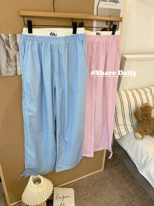 striped wide leg pants, faux two-piece pants, summer lounge trousers, preppy girl look, lazy chic outfit, OOTDAY pants