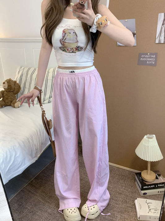 striped wide leg pants, faux two-piece pants, summer lounge trousers, preppy girl look, lazy chic outfit, OOTDAY pants