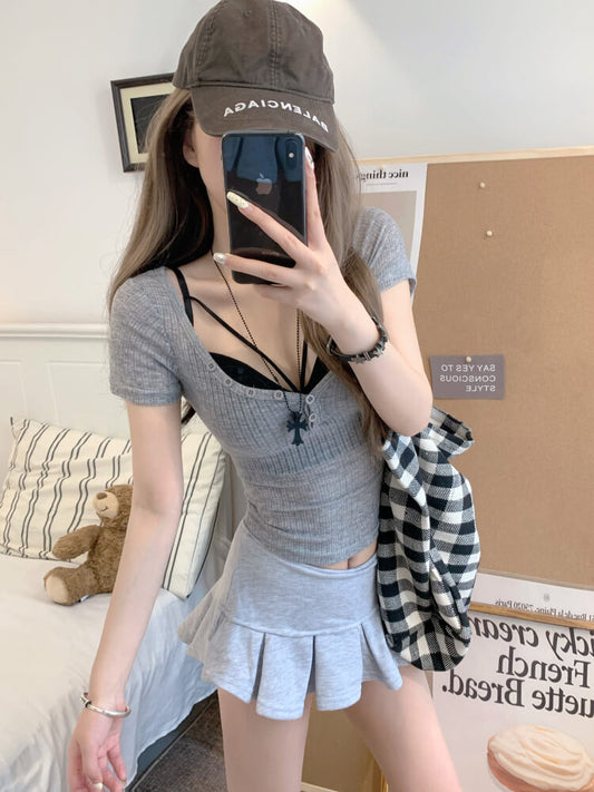 cropped sheer button tee, summer pleated mini skirt set, sweet girl outfit, Y2K inspired two-piece set, OOTDAY summer look