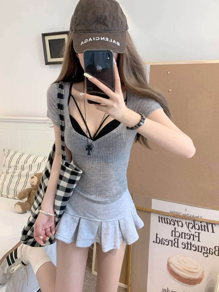 cropped sheer button tee, summer pleated mini skirt set, sweet girl outfit, Y2K inspired two-piece set, OOTDAY summer look