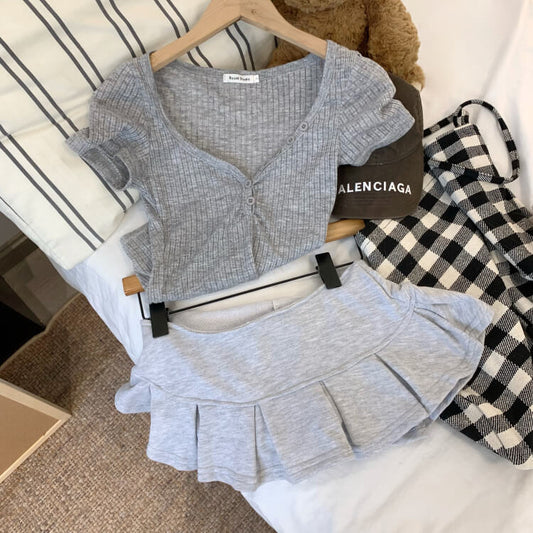 cropped sheer button tee, summer pleated mini skirt set, sweet girl outfit, Y2K inspired two-piece set, OOTDAY summer look