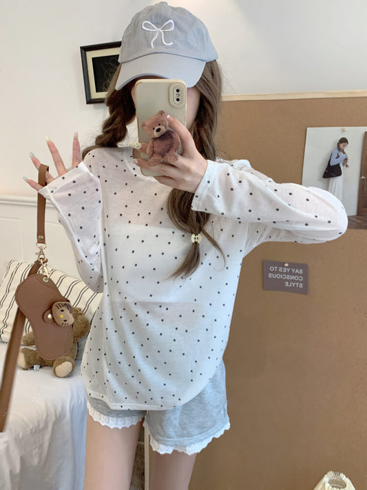 polka dot sun shirt, sheer long sleeve tencel tee, lightweight summer top, loose fit UV shirt, OOTDAY summer T-shirt