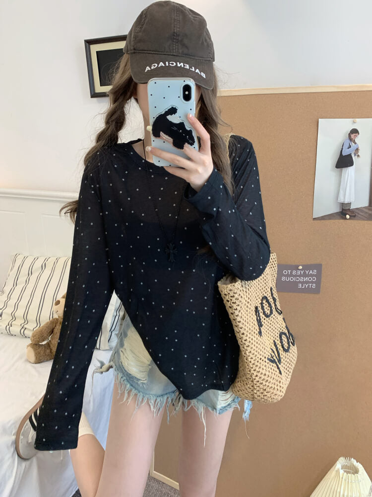 polka dot sun shirt, sheer long sleeve tencel tee, lightweight summer top, loose fit UV shirt, OOTDAY summer T-shirt